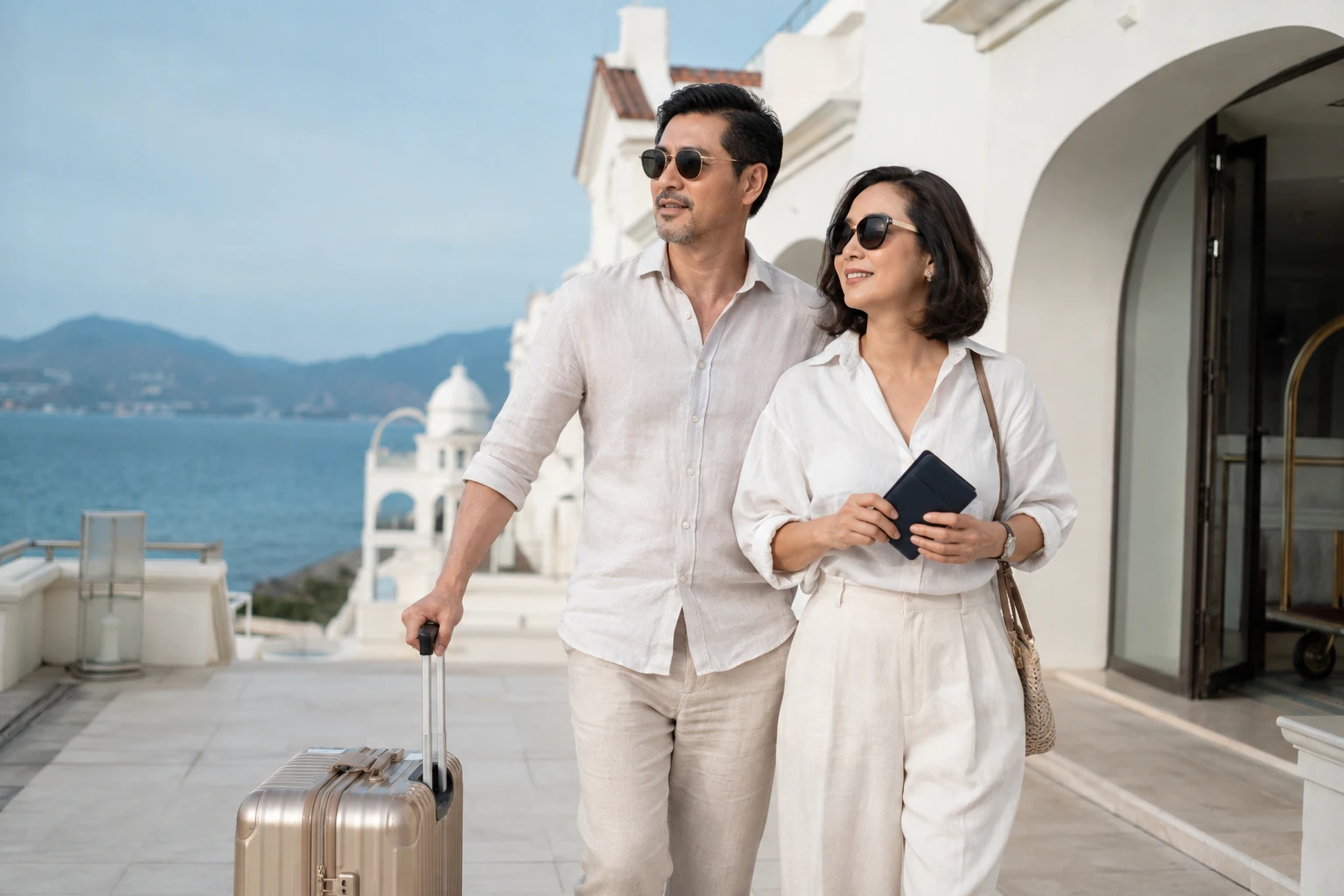 Cặp đôi cùng hành lý bắt đầu kỳ nghỉ bên biển