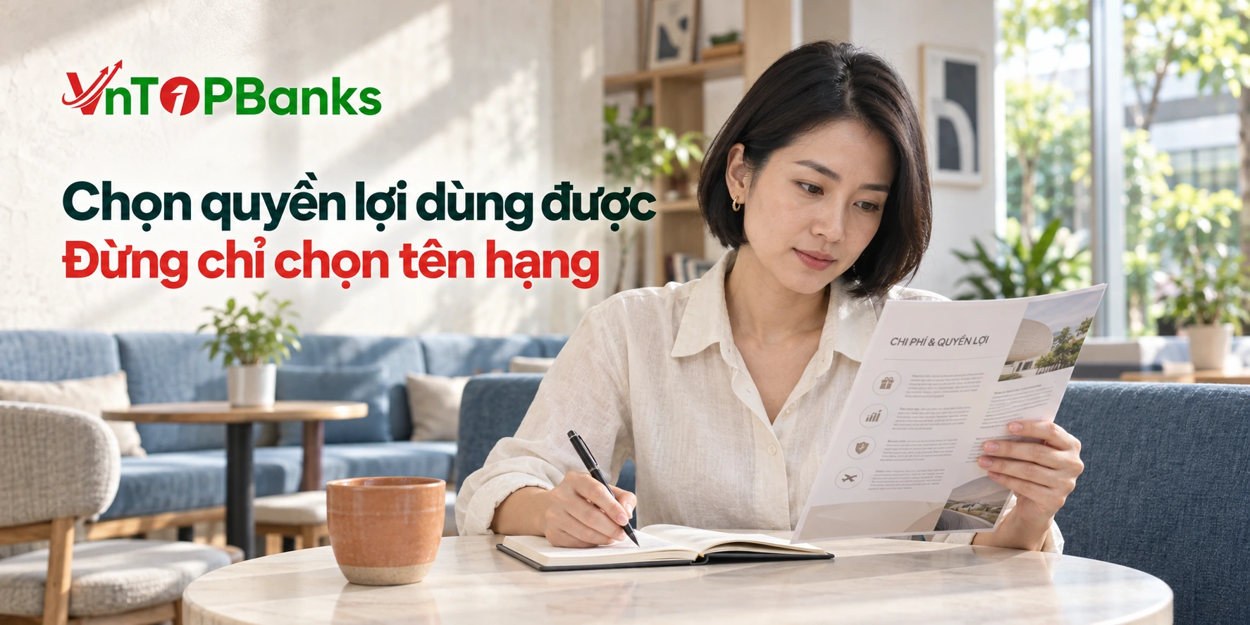 Người phụ nữ đối chiếu chi phí và quyền lợi trước khi chọn thẻ — Chọn quyền lợi dùng được | VNTopBanks