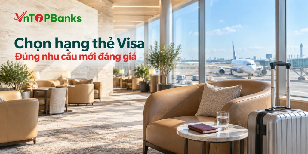 Phòng chờ sân bay sáng thoáng với hành lý và máy bay ngoài cửa kính — Chọn hạng thẻ Visa | VNTopBanks