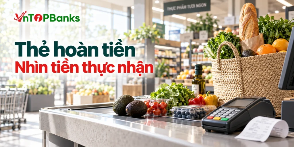Giỏ thực phẩm và máy thanh toán tại siêu thị — Thẻ hoàn tiền | VNTopBanks