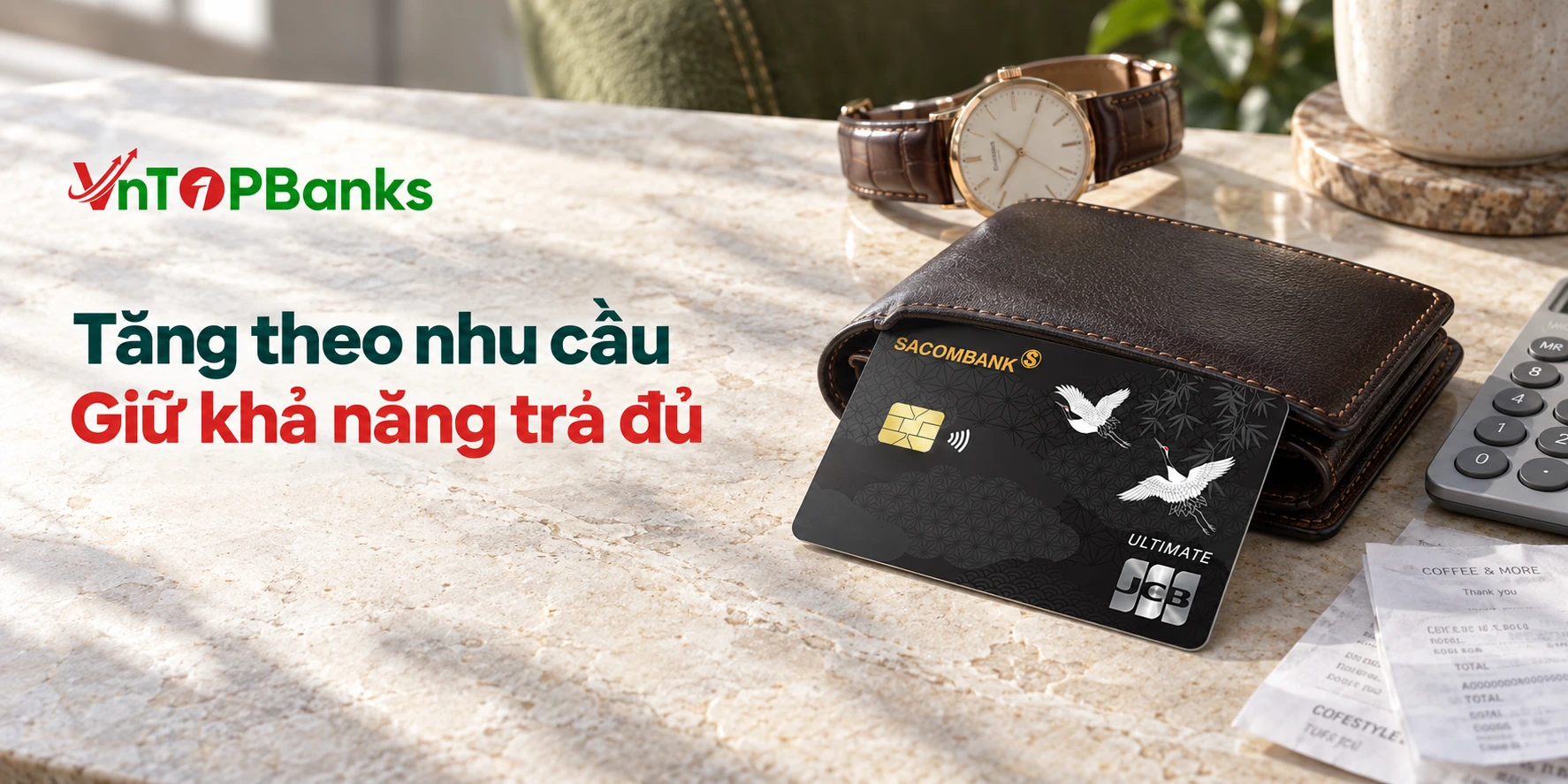 Thẻ Sacombank JCB Ultimate trong ví da, minh họa nhu cầu sử dụng thẻ — Tăng theo nhu cầu | VNTopBanks