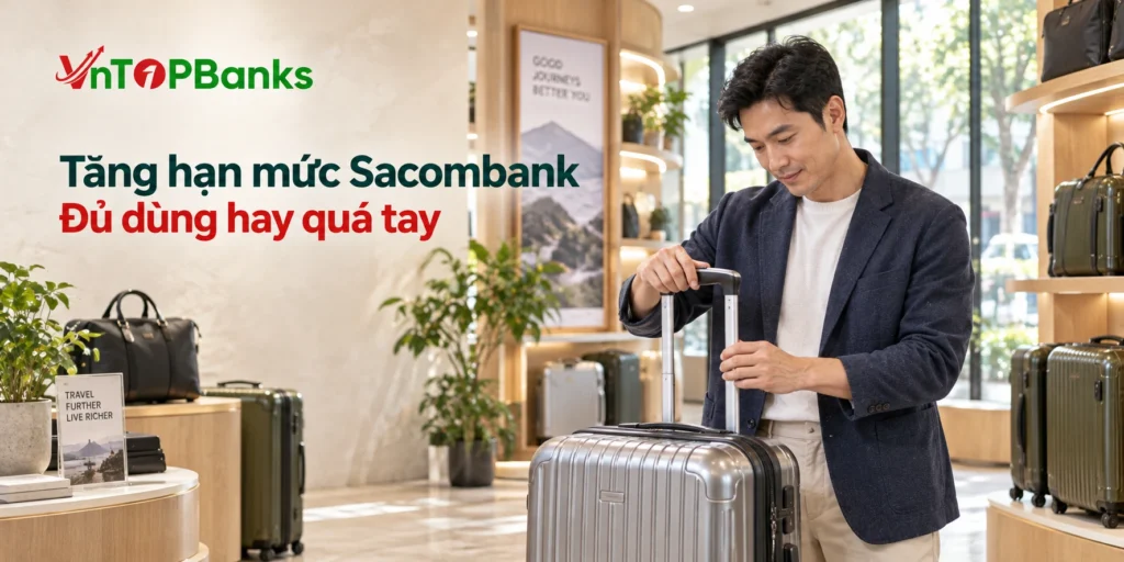Người đàn ông chọn hành lý trong cửa hàng hiện đại — Tăng hạn mức Sacombank | VNTopBanks