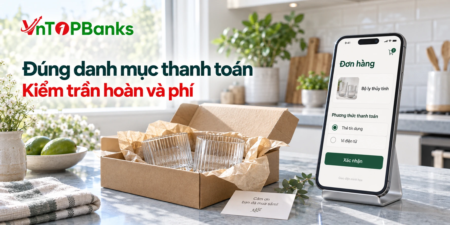 Điện thoại hiển thị lựa chọn thanh toán trực tuyến minh họa, cạnh kiện hàng thủy tinh — Đúng danh mục thanh toán | VNTopBanks