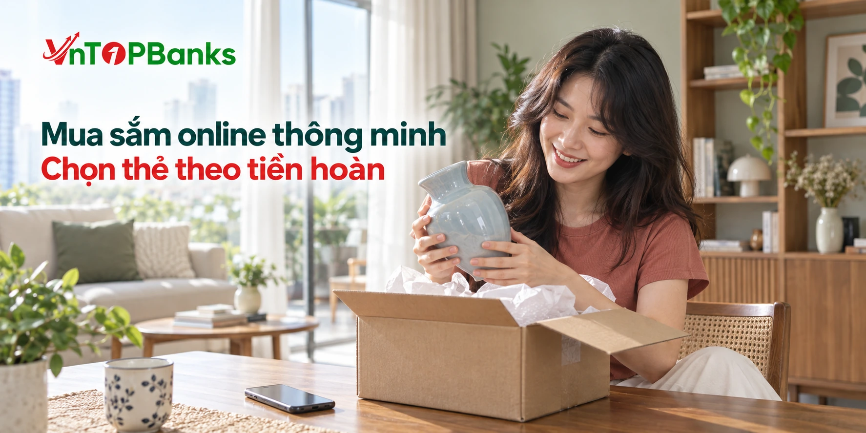 Người phụ nữ mở kiện hàng gốm tại nhà — Mua sắm online thông minh | VNTopBanks